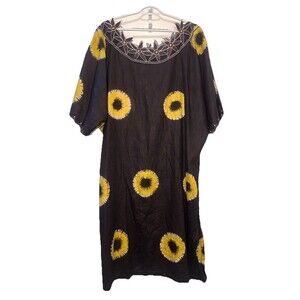Handmade Artisan Black & Yellow Hand-Dyed Boho Caftan Dress Floral Appliqué OS